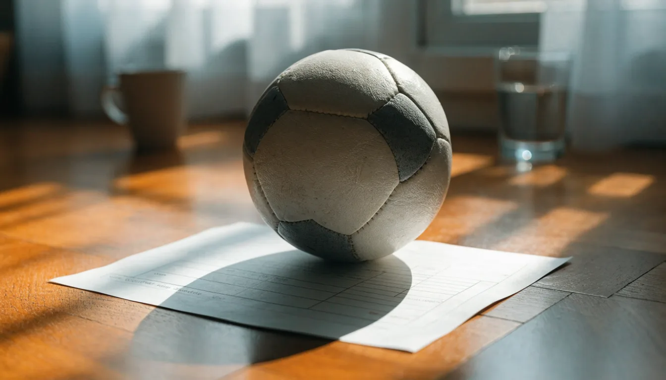 Uma bola de futebol pousada sobre um talão de apostas em branco numa mesa de madeira, à luz do dia