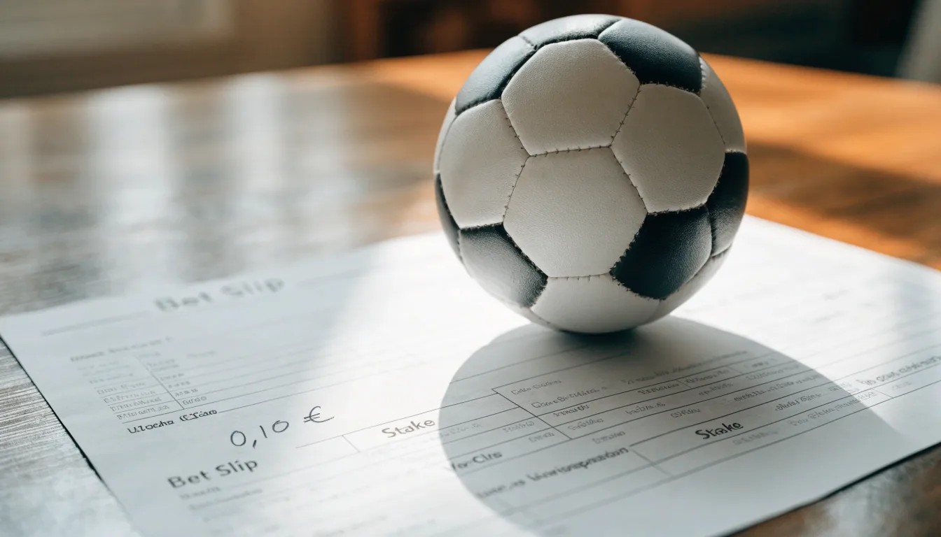 Uma bola de futebol pousada sobre um talão de apostas em branco numa mesa de madeira, à luz do dia