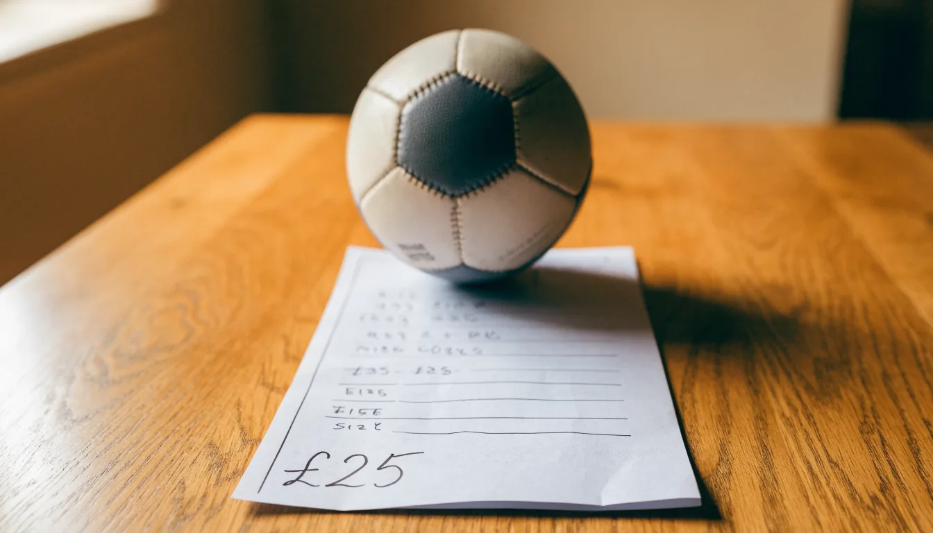 Uma bola de futebol pousada sobre um talão de apostas em branco numa mesa de madeira, à luz do dia