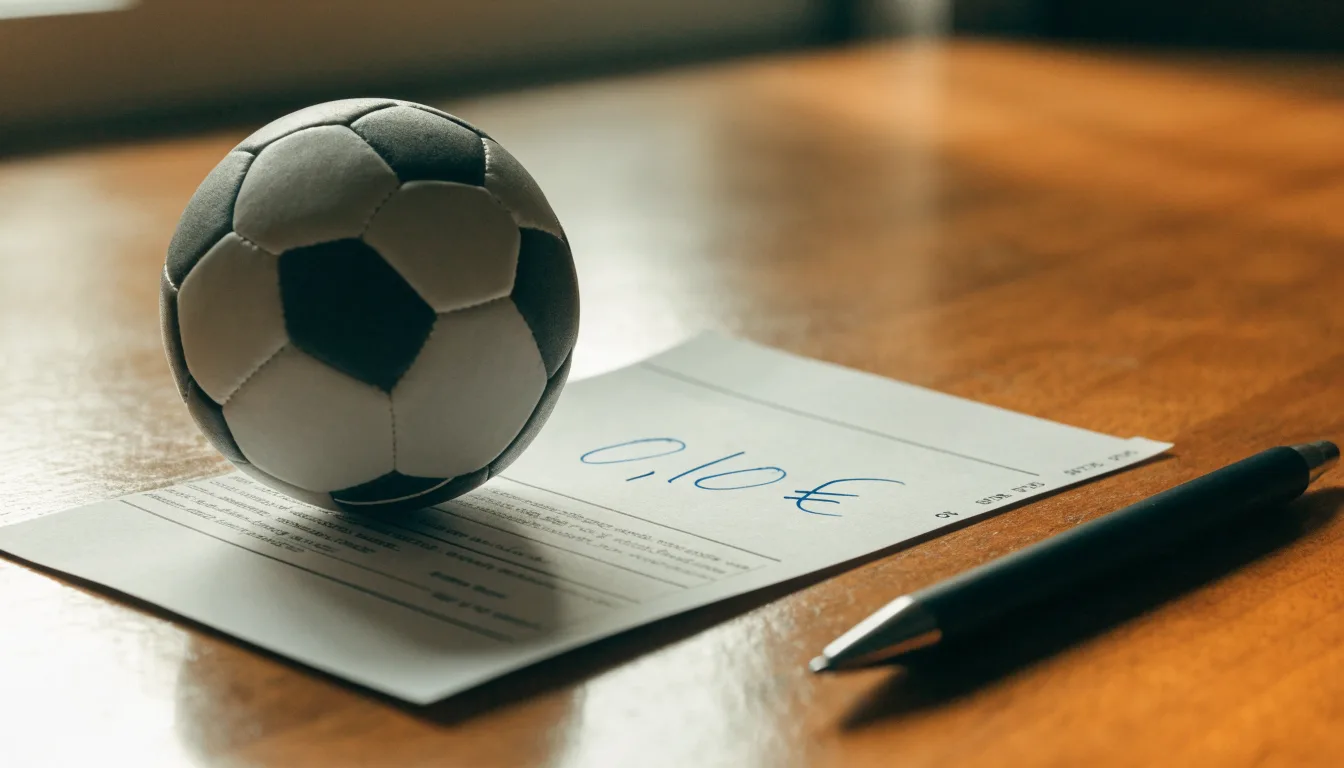 Uma bola de futebol pousada sobre um talão de apostas em branco numa mesa de madeira, à luz do dia