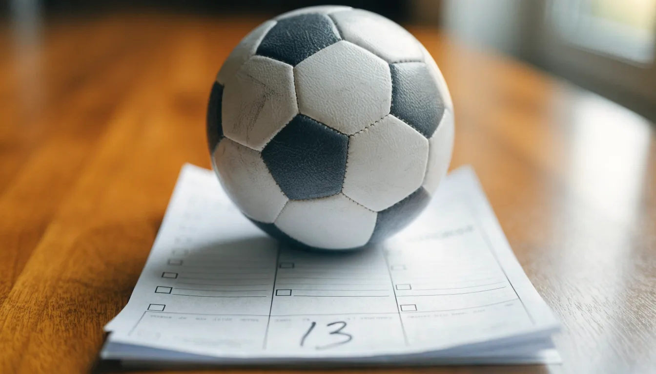 Uma bola de futebol pousada sobre um talão de apostas em branco numa mesa de madeira, à luz do dia