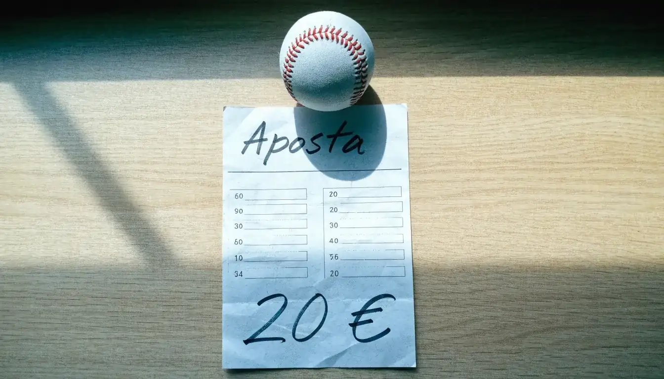 Uma bola de futebol pousada sobre um talão de apostas em branco numa mesa de madeira, à luz do dia