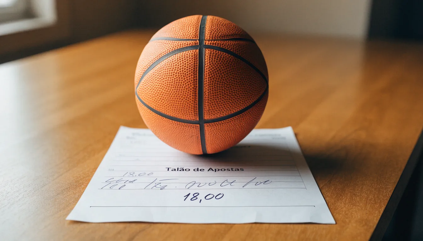 Uma bola de futebol pousada sobre um talão de apostas em branco numa mesa de madeira, à luz do dia