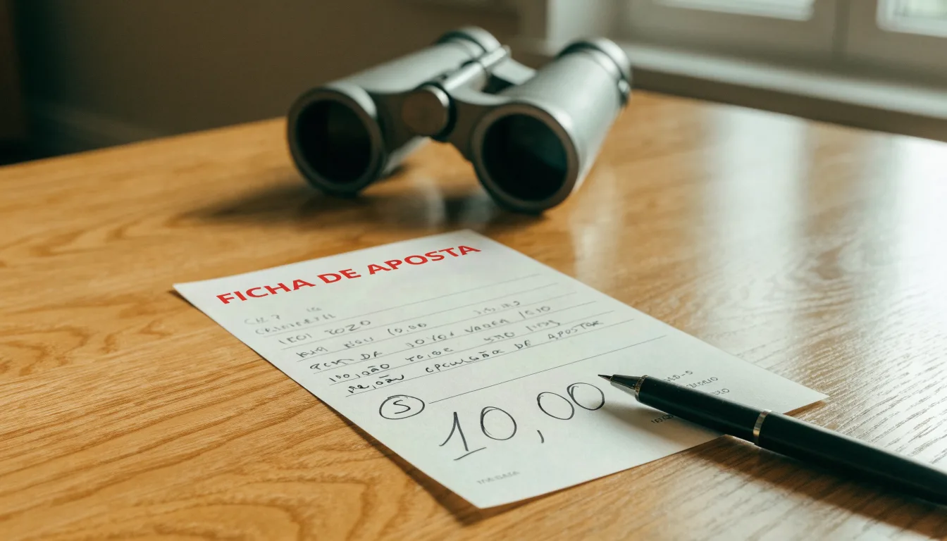 Uma bola de futebol pousada sobre um talão de apostas em branco numa mesa de madeira, à luz do dia