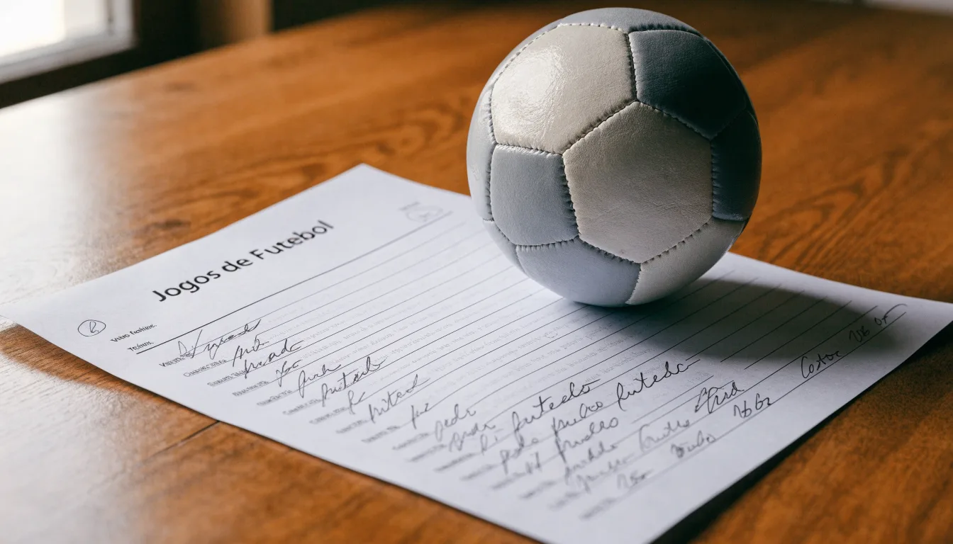 Uma bola de futebol pousada sobre um talão de apostas em branco numa mesa de madeira, à luz do dia