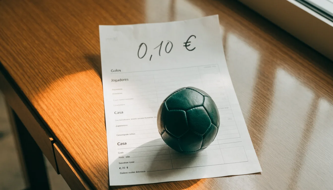 Uma bola de futebol pousada sobre um talão de apostas em branco numa mesa de madeira, à luz do dia