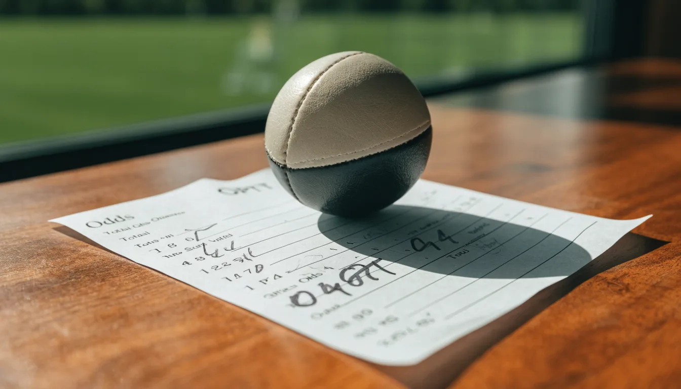Uma bola de futebol pousada sobre um talão de apostas em branco numa mesa de madeira, à luz do dia