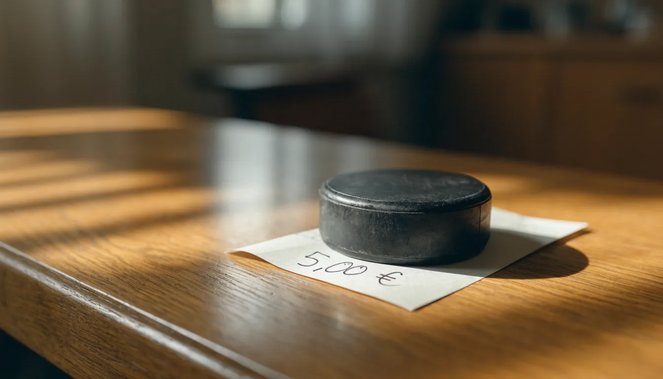 Uma bola de futebol pousada sobre um talão de apostas em branco numa mesa de madeira, à luz do dia