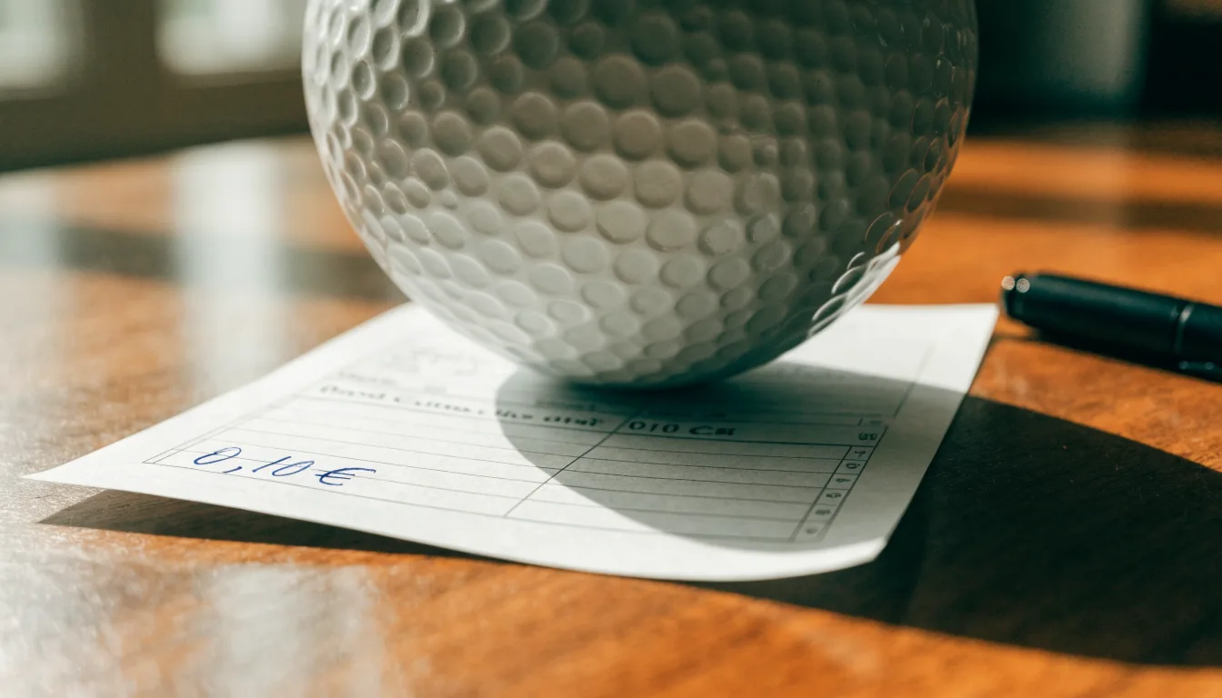 Uma bola de futebol pousada sobre um talão de apostas em branco numa mesa de madeira, à luz do dia