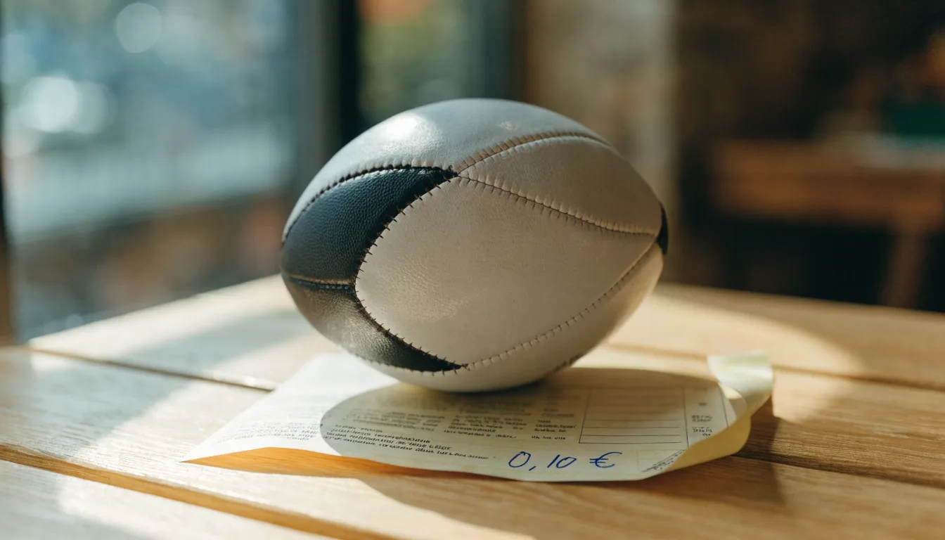Uma bola de futebol pousada sobre um talão de apostas em branco numa mesa de madeira, à luz do dia