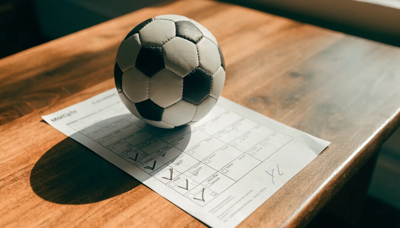 Uma bola de futebol pousada sobre um talão de apostas em branco numa mesa de madeira, à luz do dia