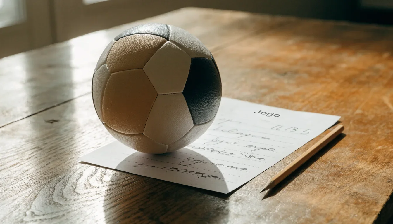 Uma bola de futebol pousada sobre um talão de apostas em branco numa mesa de madeira, à luz do dia