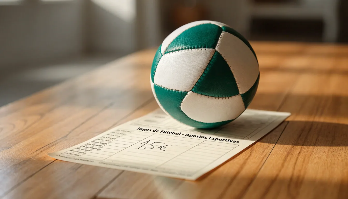Uma bola de futebol pousada sobre um talão de apostas em branco numa mesa de madeira, à luz do dia