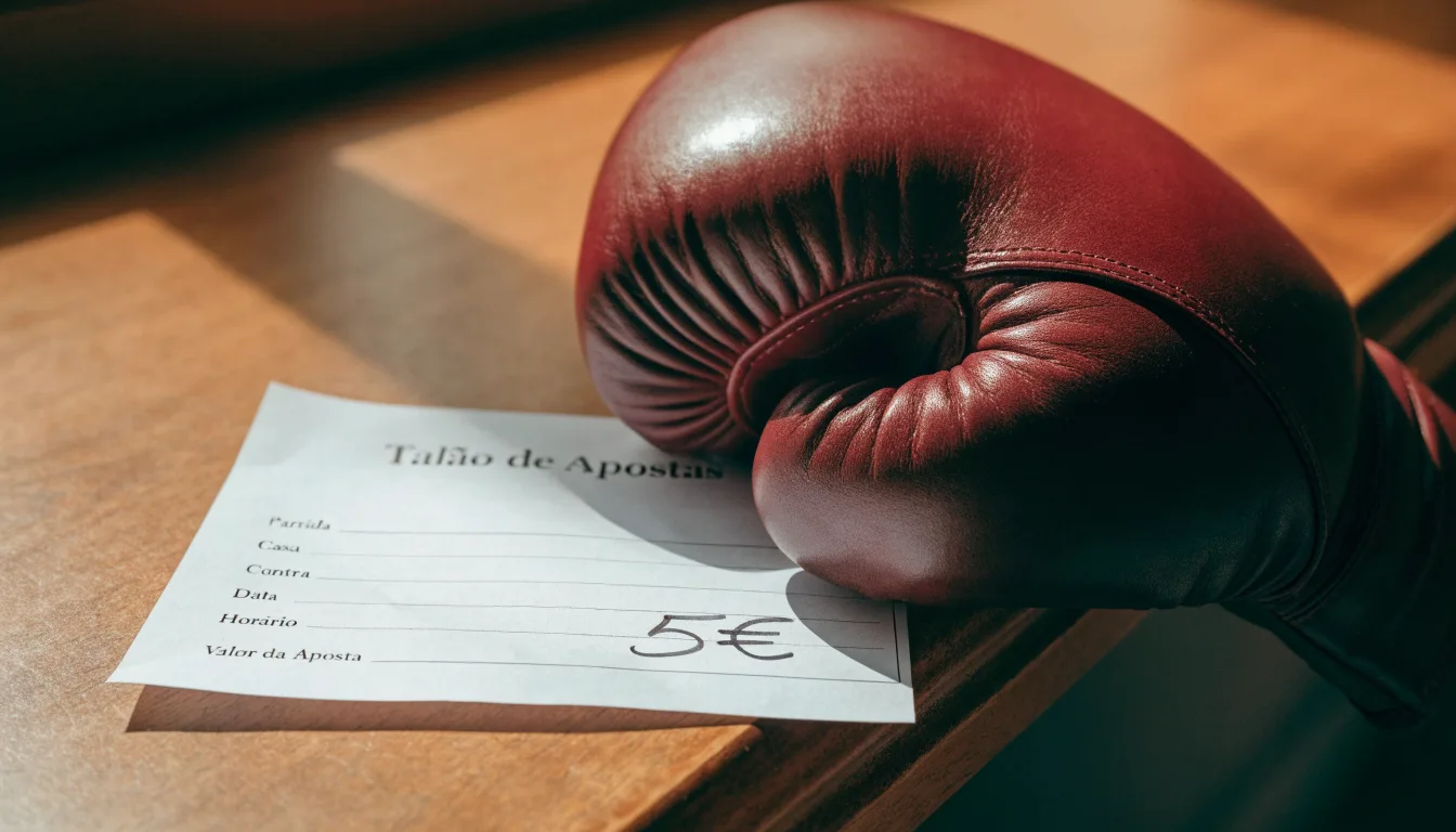 Uma bola de futebol pousada sobre um talão de apostas em branco numa mesa de madeira, à luz do dia