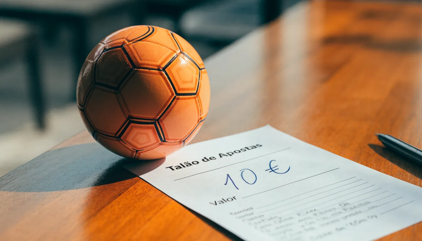 Uma bola de futebol pousada sobre um talão de apostas em branco numa mesa de madeira, à luz do dia
