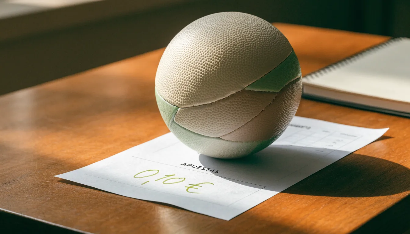 Uma bola de futebol pousada sobre um talão de apostas em branco numa mesa de madeira, à luz do dia