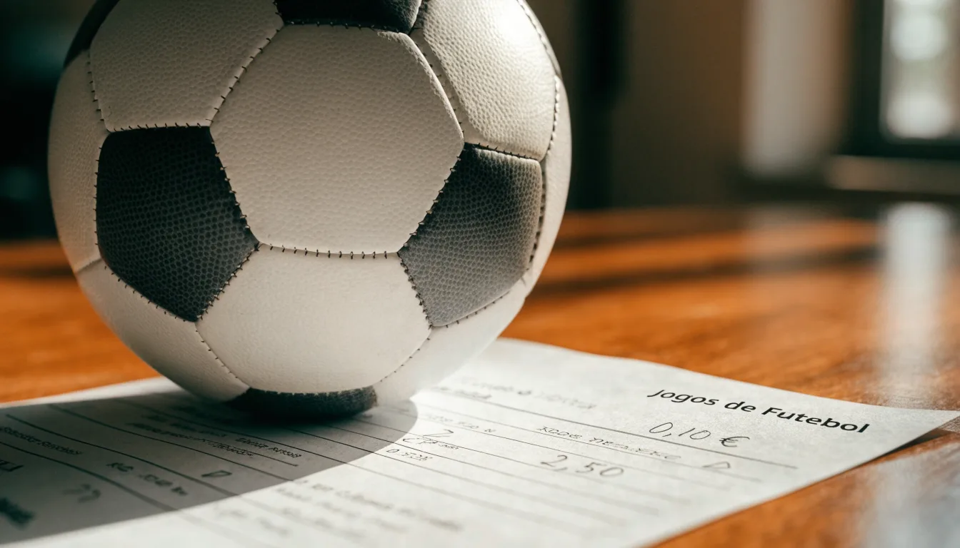 Uma bola de futebol pousada sobre um talão de apostas em branco numa mesa de madeira, à luz do dia