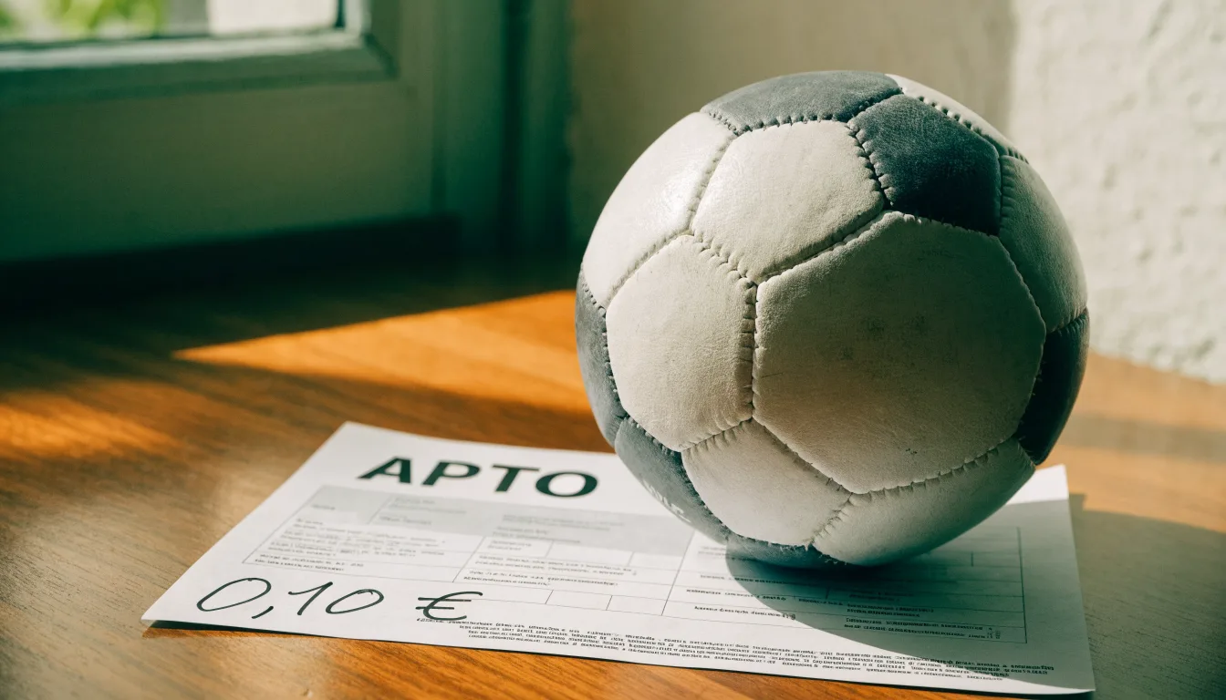 Uma bola de futebol pousada sobre um talão de apostas em branco numa mesa de madeira, à luz do dia