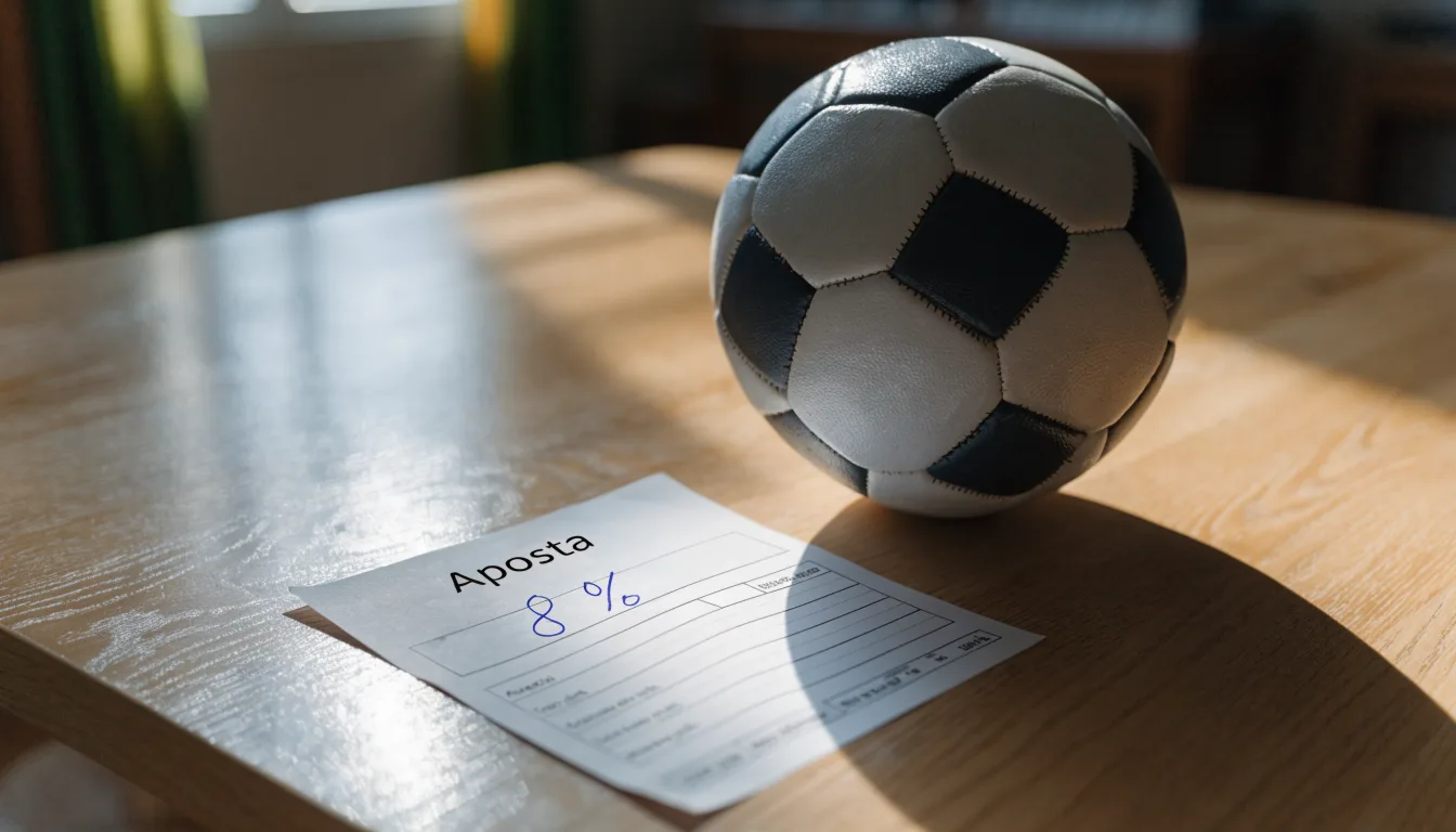 Uma bola de futebol pousada sobre um talão de apostas em branco numa mesa de madeira, à luz do dia