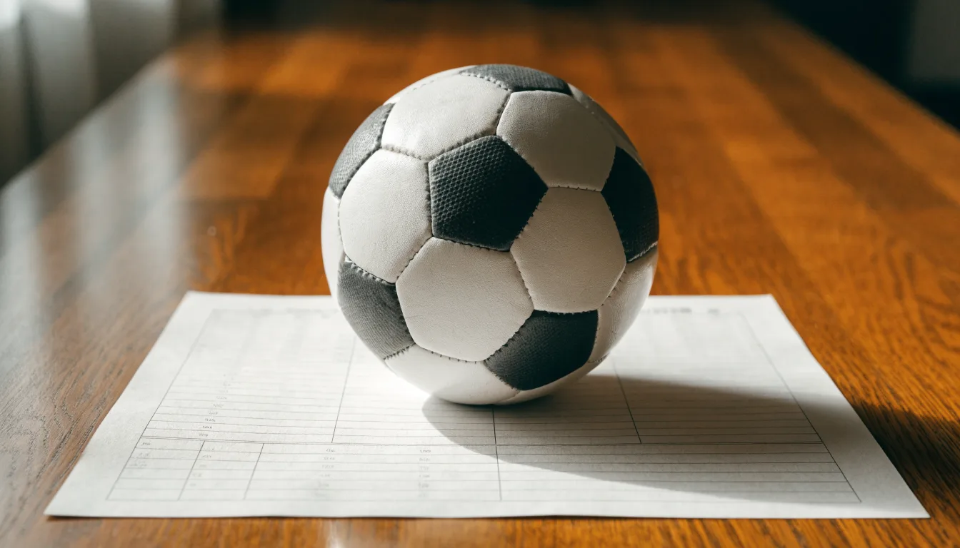 Uma bola de futebol pousada sobre um talão de apostas em branco numa mesa de madeira, à luz do dia