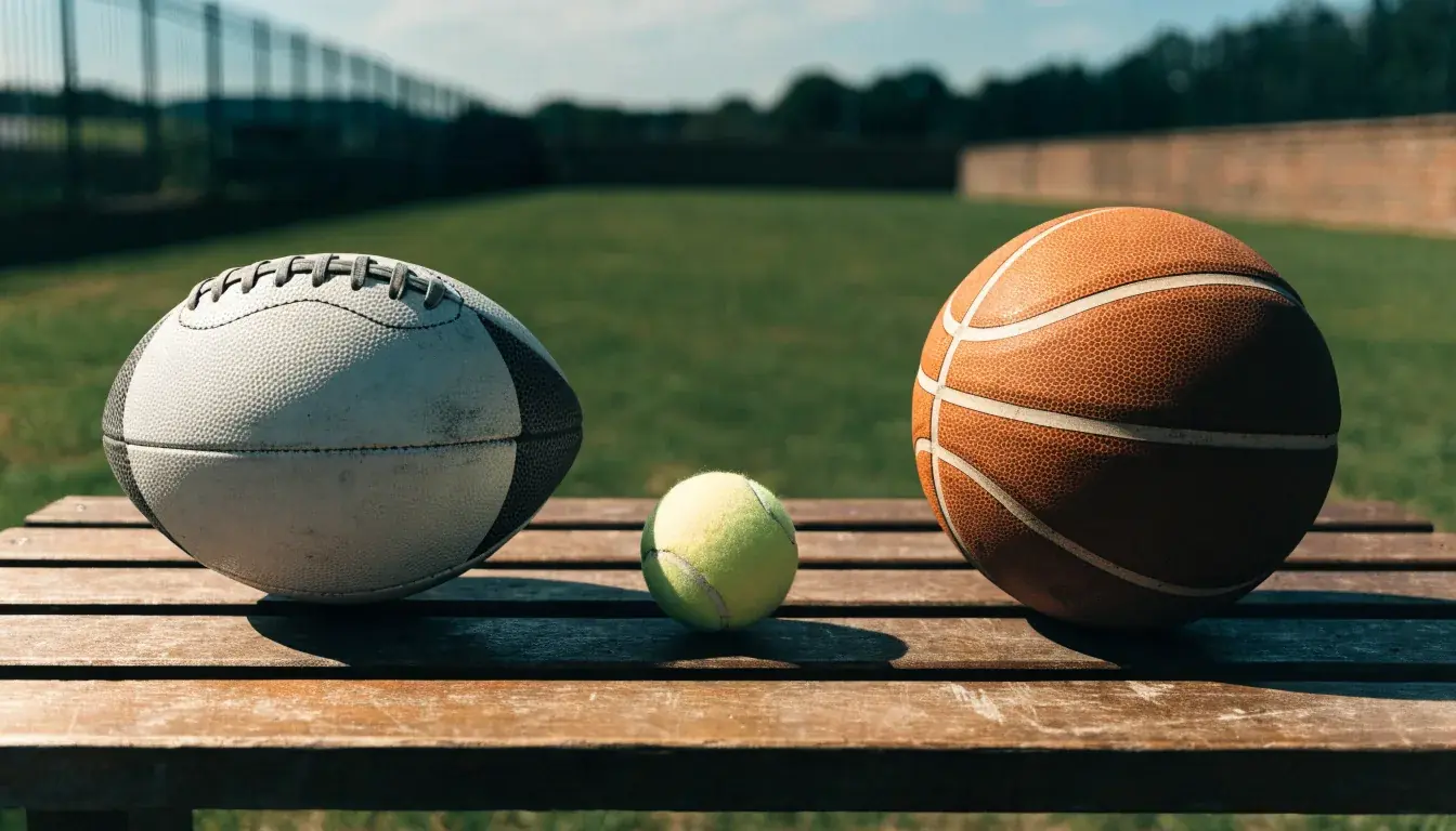 Três bolas de desportos diferentes alinhadas lado a lado num banco de madeira