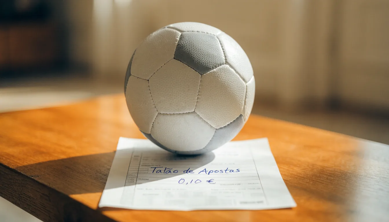 Uma bola de futebol pousada sobre um talão de apostas em branco numa mesa de madeira, à luz do dia