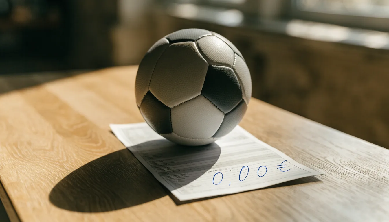 Uma bola de futebol pousada sobre um talão de apostas em branco numa mesa de madeira, à luz do dia