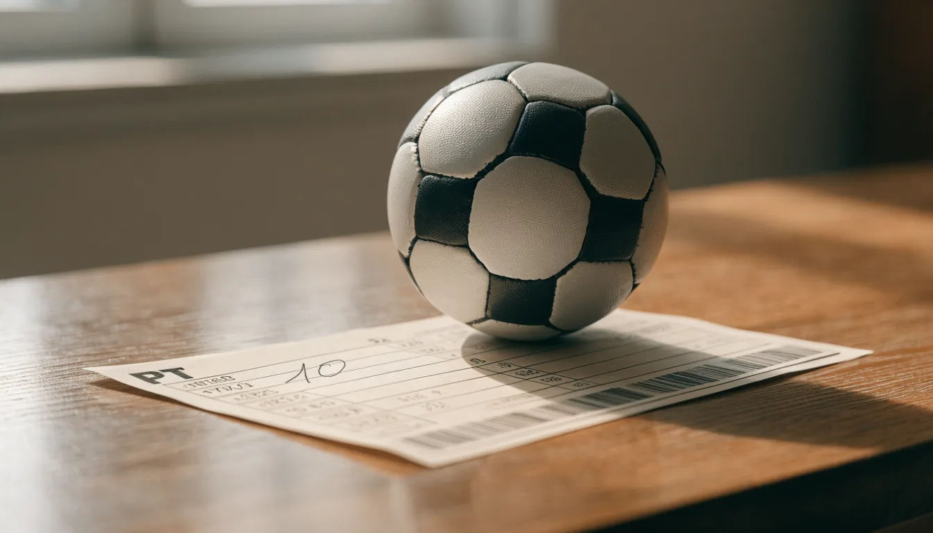 Uma bola de futebol pousada sobre um talão de apostas em branco numa mesa de madeira, à luz do dia