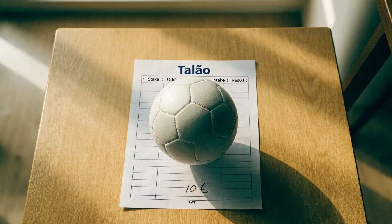 Uma bola de futebol pousada sobre um talão de apostas em branco numa mesa de madeira, à luz do dia