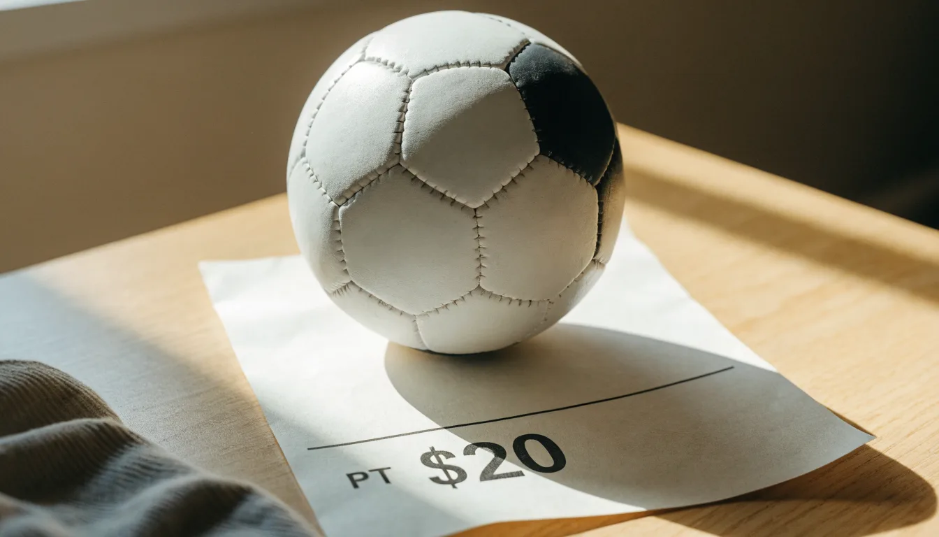 Uma bola de futebol pousada sobre um talão de apostas em branco numa mesa de madeira, à luz do dia