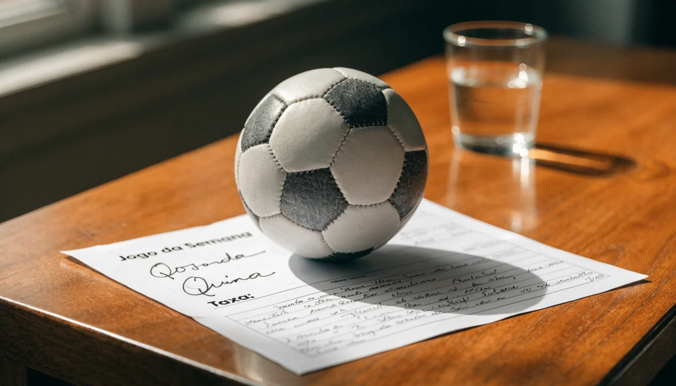 Uma bola de futebol pousada sobre um talão de apostas em branco numa mesa de madeira, à luz do dia