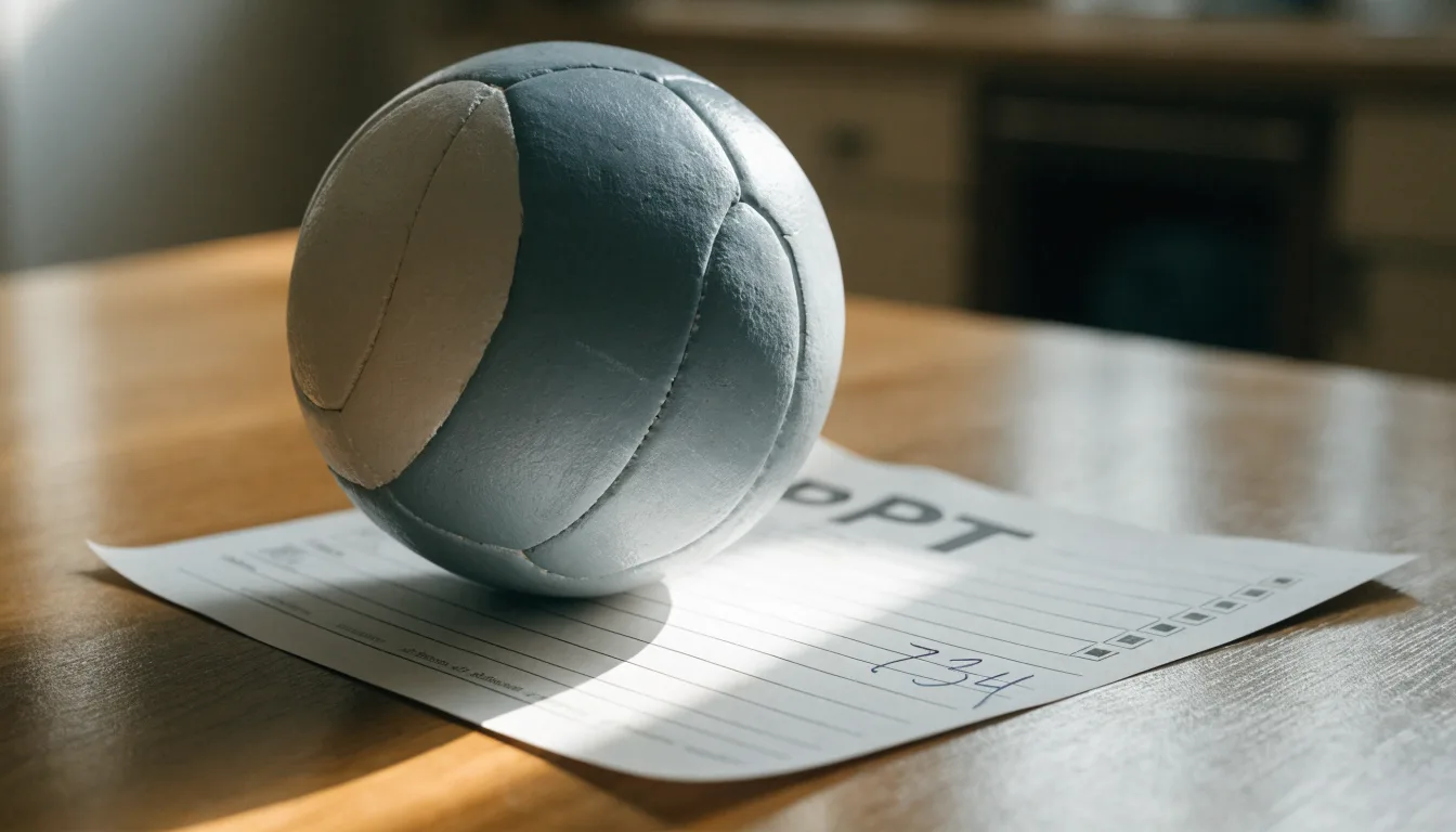 Uma bola de futebol pousada sobre um talão de apostas em branco numa mesa de madeira, à luz do dia