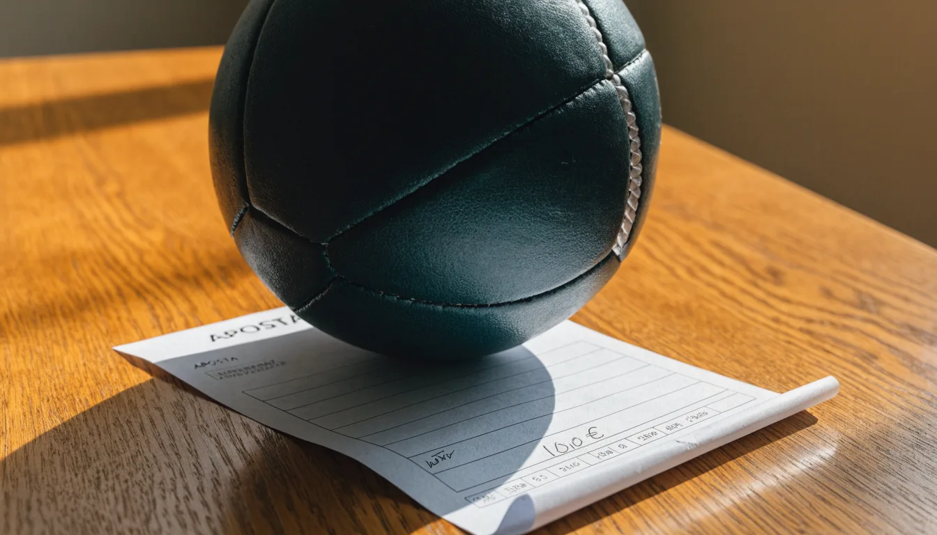 Uma bola de futebol pousada sobre um talão de apostas em branco numa mesa de madeira, à luz do dia