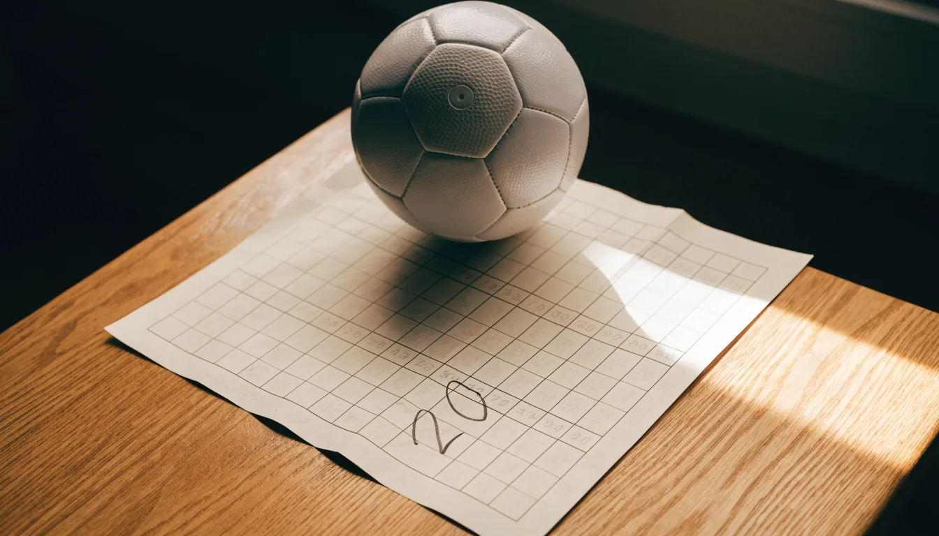 Uma bola de futebol pousada sobre um talão de apostas em branco numa mesa de madeira, à luz do dia